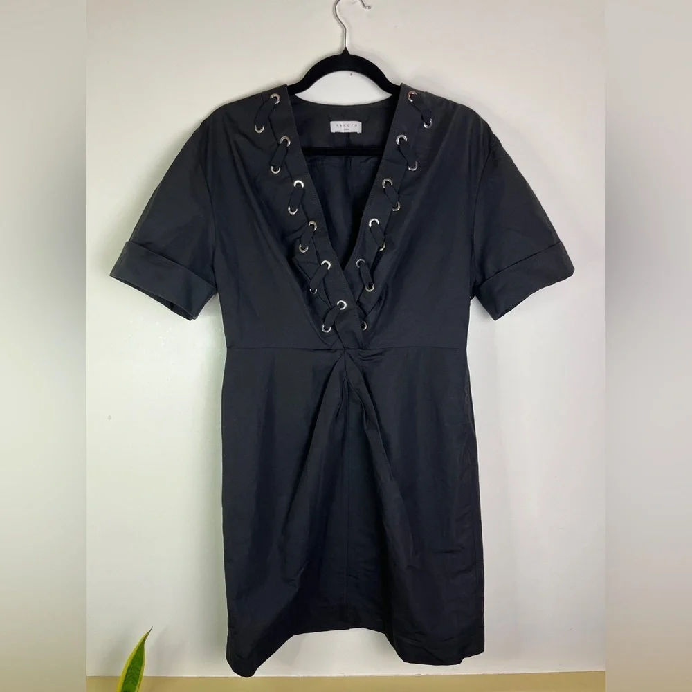 NWT Sandro Clara Lace-Up Black Mini Dress Linen FR 40 US 8 Gothic Academia LBD - Picture 13 of 14